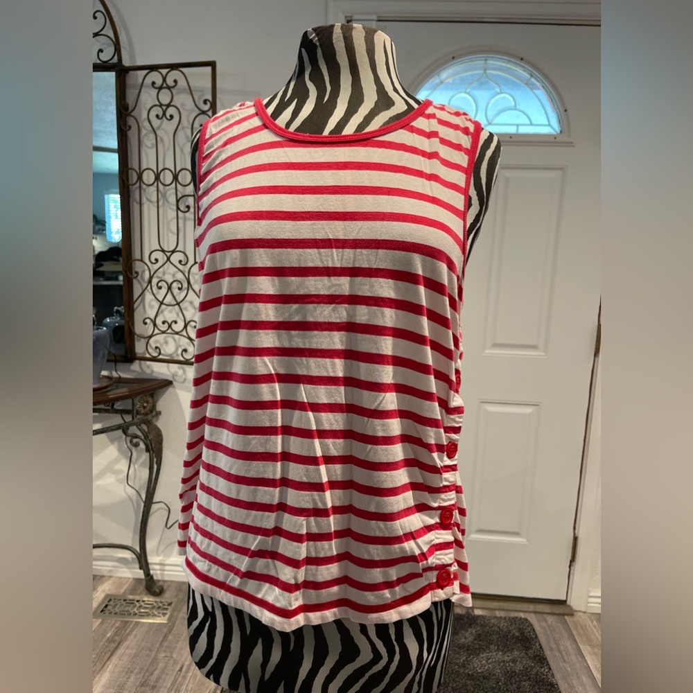 Liz Claiborne Red Striped Side Button Tank Large
